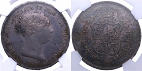 1850. Isabel II (1833-1868). Madrid. 20 reales. CL. Cal 170. Ag. 16,14 g. Encapsulada en NGC como MBC+/EBC. Escasa. Pátina. MBC+/EBC. Est.300.