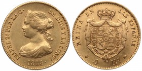 1865. Isabel II (1833-1868). Madrid. 4 escudos. Au. 3,32 g. EBC-. Est.200.