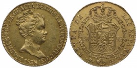 1838. Isabel II (1833-1868). Barcelona. 80 reales. PS. Au. Rayitas. MBC+ / MBC. Est.375.