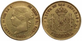 1868/58. Isabel II (1833-1868). Manila. 4 pesos. Au. Atractiva. Brillo original. ESCASA. EBC. Est.375.
