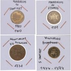 1407, 1394 y 1371 (2) AH. Marruecos. Lote de 4 monedas: 10 y 5 santimat y 10 y 20 francos. Cu-Ni. EBC. Est.8.