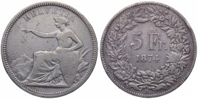 1874. Suiza. B . 5 francos. Ag. ESCASA. MBC. Est.180.