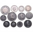 1975, 1976 y 1977. Suiza. Lote de 12 monedas: 5, 10 y 20 rappen y 1/2, 1 y 2 francos. SC a PROOF. Est.50.