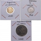 1965, 1970 y 2008. Venezuela, Argentina y República Dominicana. Lote de 3 monedas: 25 céntimos, 10 centavos y 25 pesos. EBC. Est.8.