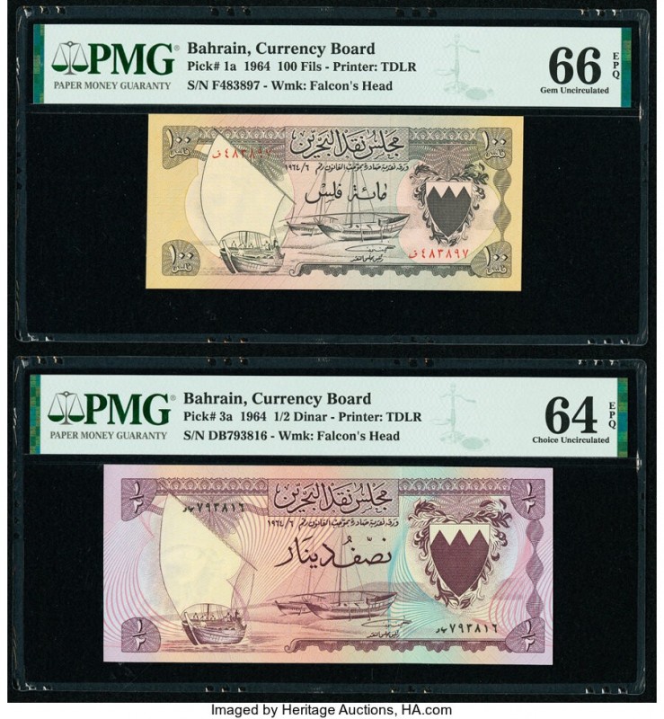 Bahrain Currency Board 100 Fils; 1/2 Dinar 1964 Pick 1a; 3a Two Examples PMG Gem...