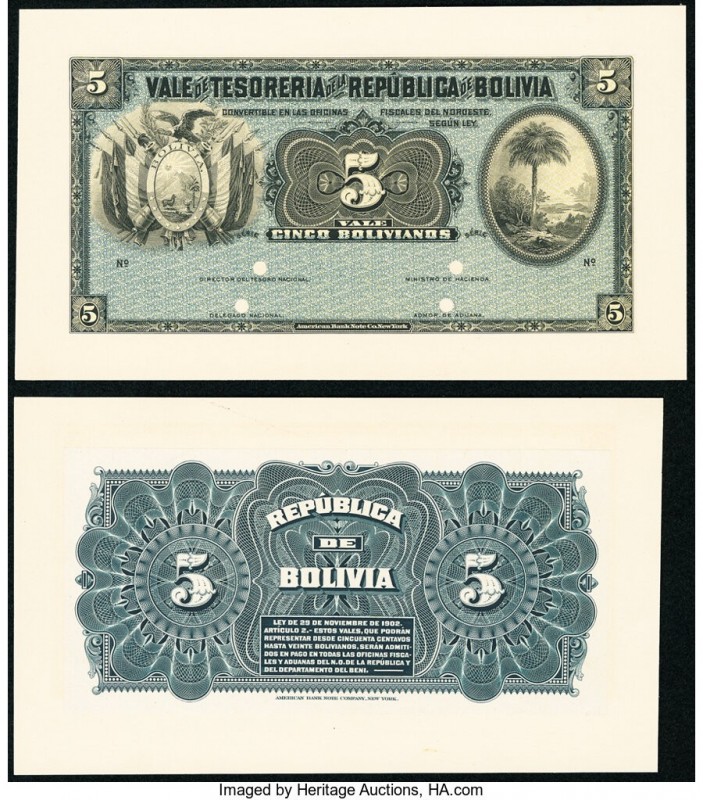 Bolivia Tesoreria de la Republica 5 Bolivianos ND (1902) Pick 93p Front and Back...