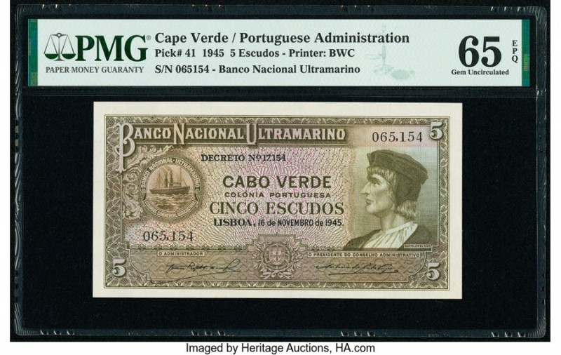 Cape Verde Banco Nacional Ultramarino 5 Escudos 16.11.1945 Pick 41 PMG Gem Uncir...