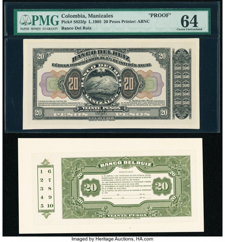 Colombia Banco del Ruiz 20 Pesos 1905 Pick S825fp; S825bp Front and Back Proofs ...