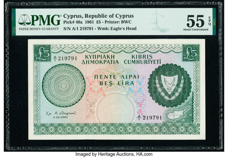 Cyprus Central Bank of Cyprus 5 Pounds 1.12.1961 Pick 40a PMG About Uncirculated...
