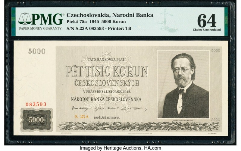 Czechoslovakia Narodni Banka Ceskoslovenska 5000 Korun 1945 Pick 75a PMG Choice ...