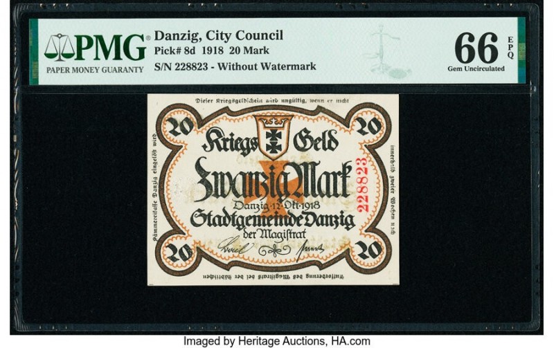 Danzig City Council 20 Mark 12.10.1918 Pick 8d PMG Gem Uncirculated 66 EPQ. Canc...
