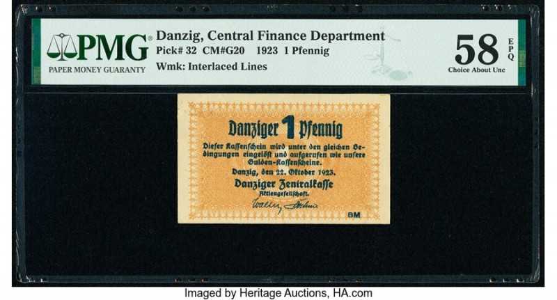 Danzig Central Finance Department 1 Pfennig 22.10.1923 Pick 32 PMG Choice About ...