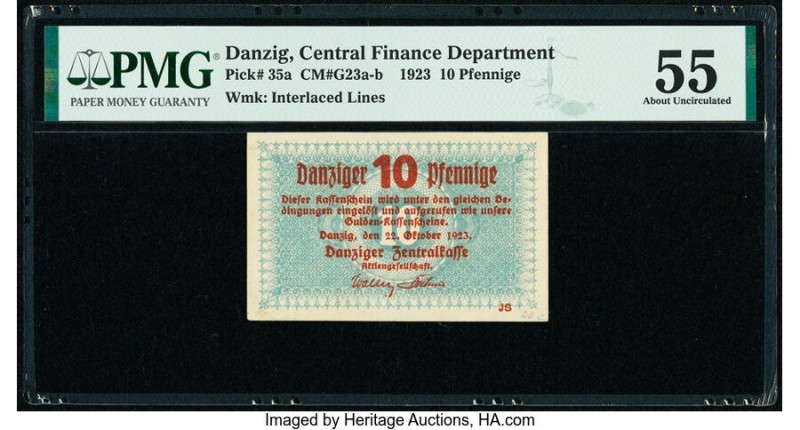 Danzig Central Finance Department 10 Pfennige 22.10.1923 Pick 35a PMG About Unci...