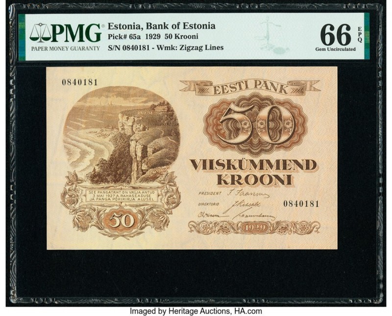 Estonia Bank of Estonia 50 Krooni 1929 Pick 65a PMG Gem Uncirculated 66 EPQ. 

H...