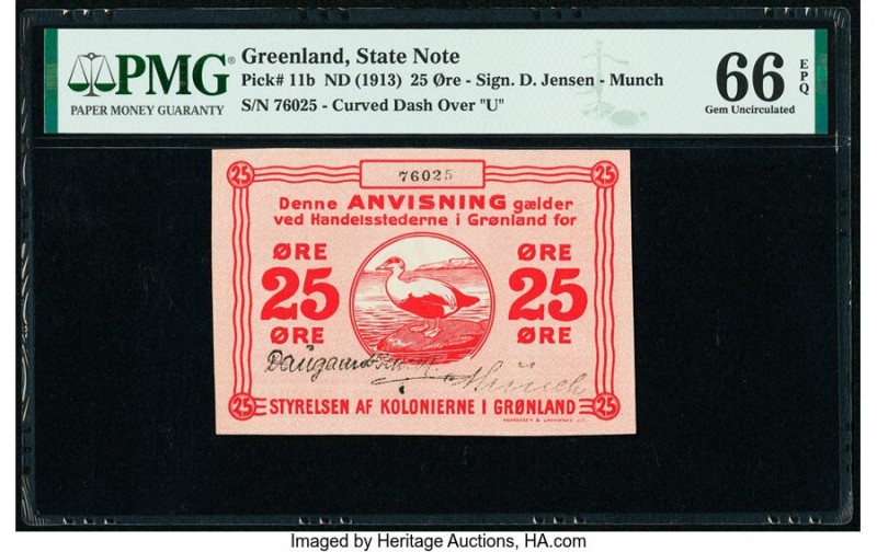 Greenland State Note 25 Ore ND (1913) Pick 11b PMG Gem Uncirculated 66 EPQ. 

HI...