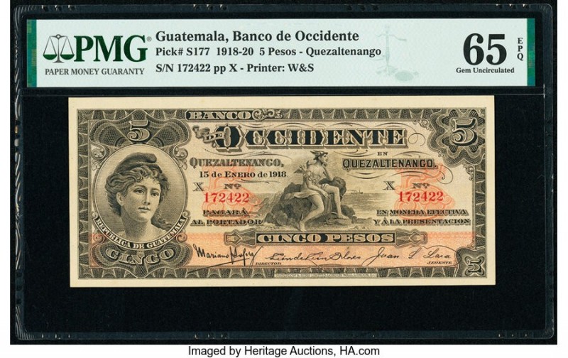 Guatemala Banco de Occidente en Quezaltenango 5 Pesos 15.1.1918 Pick S177 PMG Ge...