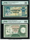Indonesia Republik Indonesia 100 ; 10,000 Rupiah 17.10.1945; 1964 Pick 20; 101b Two Examples PMG Choice Very Fine 35; Choice Uncirculated 64. Pick 101...