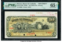 Mexico Banco De Coahuila 10 Pesos ND (1898-1914) Pick S196s M168s Specimen PMG Gem Uncirculated 65 EPQ. Cancelled with two punch holes. 

HID098012420...