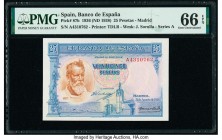 Spain Banco de Espana 25 Pesetas 1936 (ND 1938) Pick 87b PMG Gem Uncirculated 66 EPQ. 

HID09801242017

© 2020 Heritage Auctions | All Rights Reserve