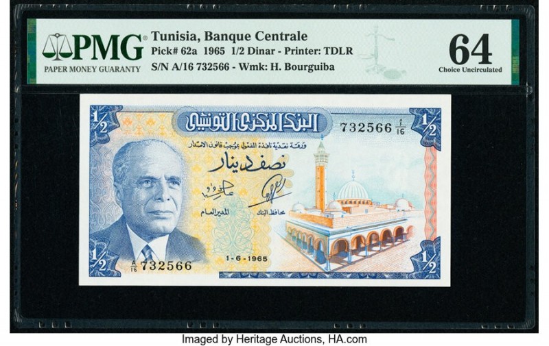 Tunisia Banque Centrale 1/2 Dinar 1.6.1965 Pick 62a PMG Choice Uncirculated 64. ...