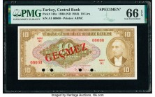 Turkey Central Bank of Turkey 10 Lira 1930 (ND 1948) Pick 148s Specimen PMG Gem Uncirculated 66 EPQ. Four POCs; red Gecmez overprints.

HID09801242017...