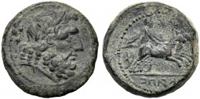 Campania, Biunx, Capua, c. 216-211 BC AE (g 13,08 mm 24 h 6) Laureate head of Jupiter r. at l., two stars, dotted border, Rv. kapu, Diana driving fast...