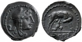 Campania, Bronze (Second reduction), Capua, c. 216-211 BC AE (g 2,27 mm 12 h 2) Head of Telephus r., wearing Phrygian cap dotted border, Rv. kapu, hin...