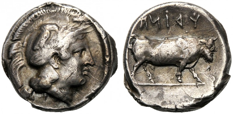 Campania, Didrachm, Hyria, c. 405-385 BC AR (g 7,55 mm 18 h 2) Head of Athena r....