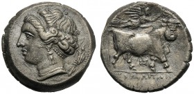 Campania, Didrachm, Neapolis, c. 275-250 BC AR (g 6,93 mm 18 h 9) Head of nymph l., wearing hair band, earrings and necklace at l., trophy, dotted bor...