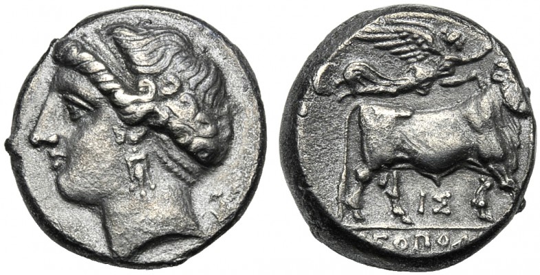 Campania, Didrachm, Neapolis, c. 275-250 BC AR (g 7,00 mm 18 h 11) Head of nymph...