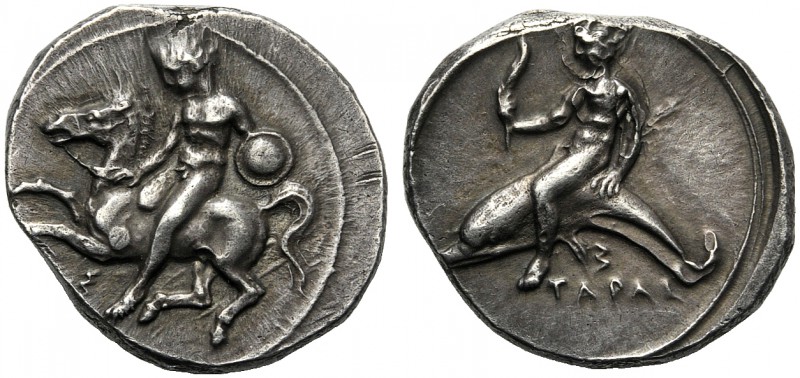 Apulia, Nomos, Tarentum, c. 425-380 BC AR (g 7,99 mm 21 h 4) Horseman, holding s...