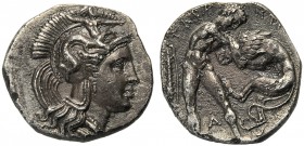 Apulia, Diobol, Tarentum, c. 380-325 BC AR (g 1,37 mm 12 h 10) Head of Athena r., wearing crested Attic helmet, decorated with Skylla, Rv. TAPANTINΩN,...