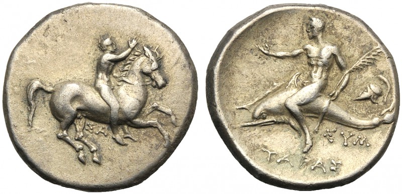 Apulia, Nomos, Tarentum, c. 332-302 BC AR (g 7,80 mm 22 h 12) Ephebe riding hors...