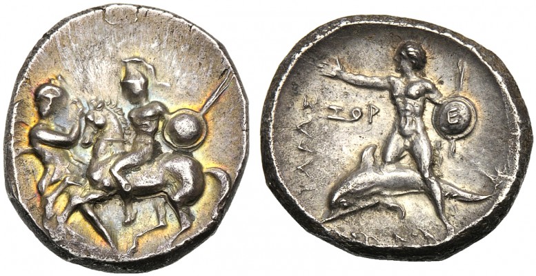 Apulia, Nomos, Tarentum, c. 302-280 BC AR (g 7,97 mm 22 h 3) Horseman galloping ...