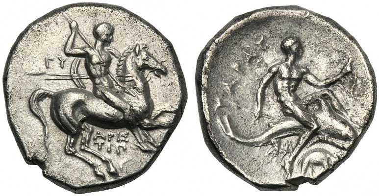 Apulia, Nomos, Tarentum, c. 280-272 BC AR (g 6,33 mm 20 h 11) Warrior on horseba...