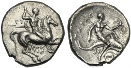 Apulia, Nomos, Tarentum, c. 280-272 BC AR (g 6,33 mm 20 h 11) Warrior on horseback r., holding shield and spears at l., ΓΥ, below, API/ΣTI/Π, Rv. TAPA...