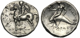 Apulia, Nomos, Tarentum, c. 272-240 BC AR (g 6,15 mm 18 h 12) Horseman galloping l., holding shield at r., EYΦ, below, APIΣTΩN, Rv. TAPAΣ, oecist ridi...