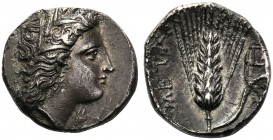 Lucania, Stater, Metapontion, c. 330-290 BC AR (g 7,36 mm 20 h 3) Head of Demeter r., wearing wreath of grain, earrings and necklace below, ΔAI, Rv. M...