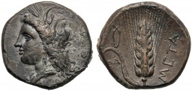 Lucania, Stater, Metapontion, c. 330-290 BC AR (g 7,69 mm 21 h 12) Head of Demeter l., without veil, wearing barley-wreath, triple pendant earring and...