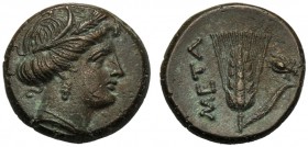 Lucania, Bronze, Metapontion, c. 300-250 BC AE (g 2,86 mm 14 h 7) Head of Demeter r., wearing barley-wreath and pendant earring, Rv. META, barley-ear ...