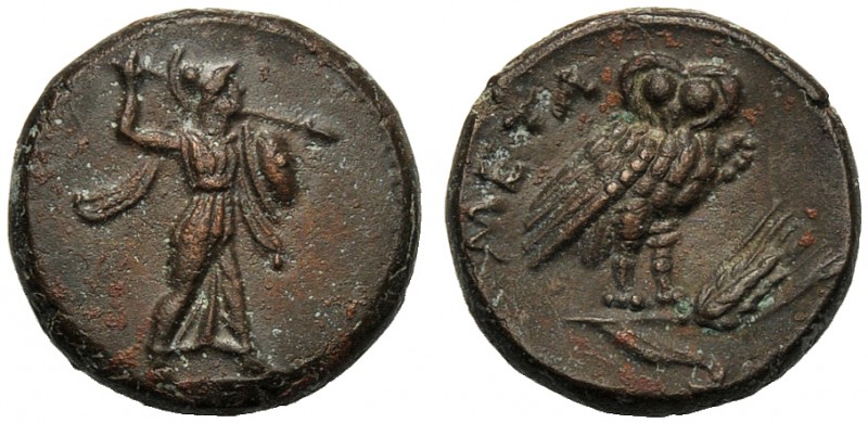 Lucania, Bronze, Metapontion, c. 300-250 BC AE (g 3,79 mm 15 h 6) Athena Alkidem...
