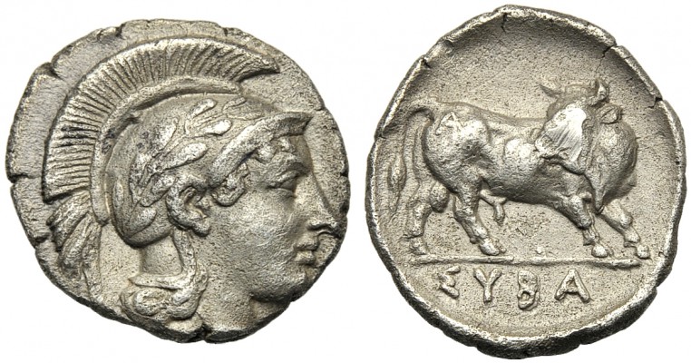Lucania, Sybaris, Triobol, c. 446-440 BC AR (g 1,20 mm 12 h 3) Head of Athena r....