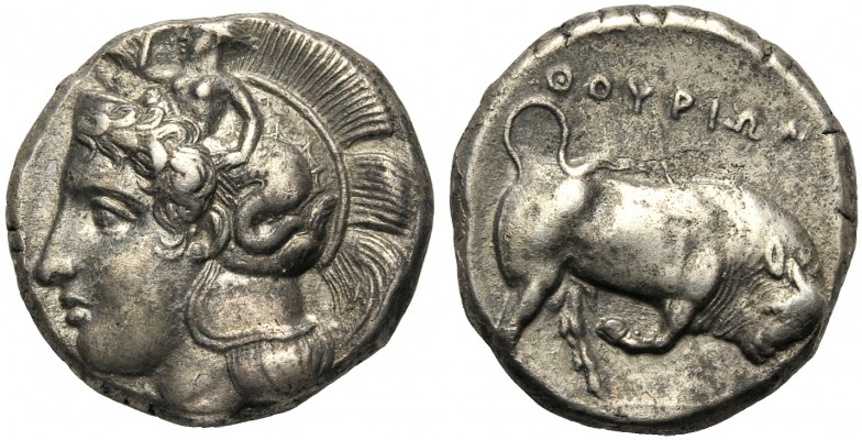Lucania, Distater, Thourioi, c. 400-350 BC AR (g 15,77 mm 25 h 3) Head of Athena...