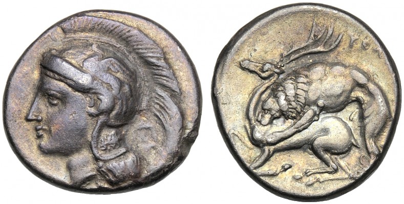 Lucania, Didrachm, Velia, c. 280 BC AR (g 7,37 mm 20 h 11) Head of Athena l. wea...