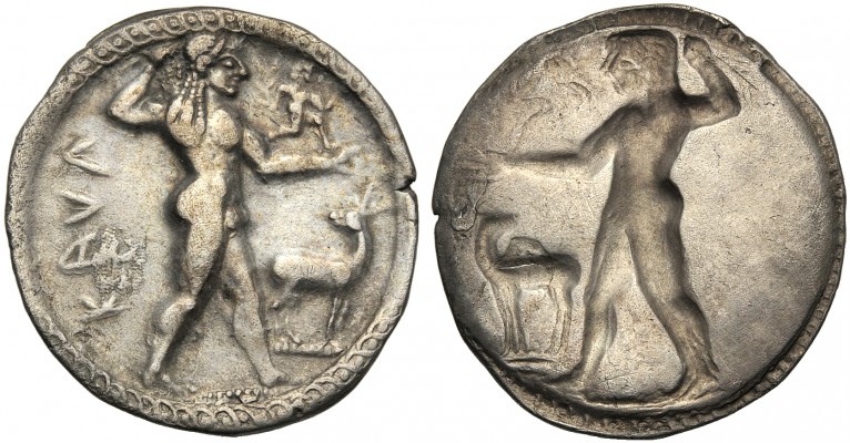 Bruttium, Nomos, Kaulonia, c. 525-500 BC AR (g 8,01 mm 29 h 12) KAVΛ, Apollo sta...