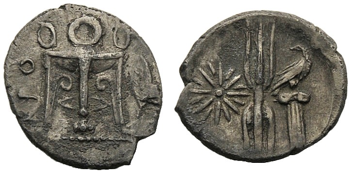 Bruttium, Triobol, Kroton, c. 400-350 BC AR (g 1,07 mm 12 h 10) KPO, tripod at r...