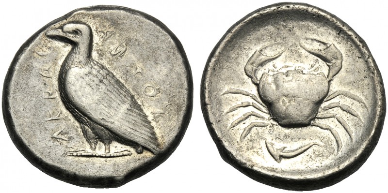 Sicily, Tetradrachm, Akragas, c. 470-420 BC AR (g 17,50 mm 25 h 10) AKPAC-ACANTO...