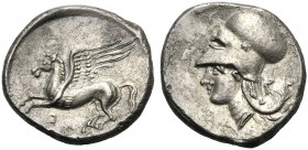 Sicily, Stater, Entella, c. 344-336 BC AR (g 8,11 mm 21 h 6) Pegasos flying l. below, E (retr.), Rv. Head of Athena l., wearing Corinthian helmet. Peg...