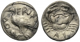 Sicily, Litra, Eryx, c. 480-472 BC AR (g 0,40 mm 9 h 6) ERVKINON, eagle standing l., wings closed, on Ionic capital dotted border, Rv. ERVKINON, crab ...