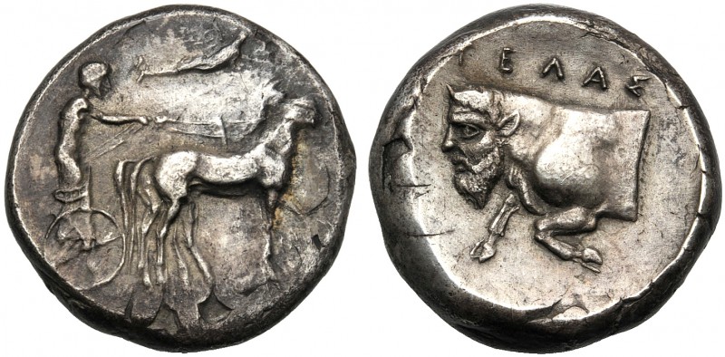 Sicily, Tetradrachm, Gela, c. 420-415 BC AR (g 16,67 mm 24 h 1) Charioteer drivi...